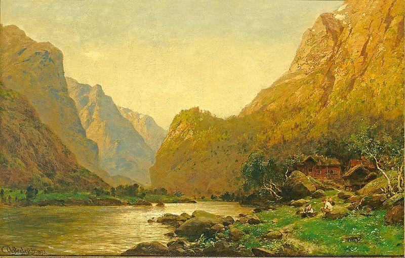 Carl jun. Oesterley Romantische Flusslandschaft mit Personenstaffage an einem prachtvollen Sommertag oil painting image